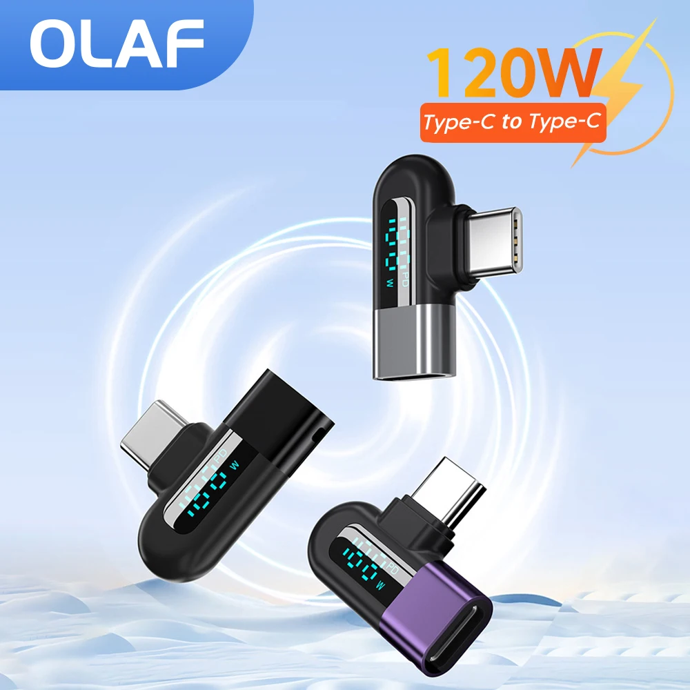 Olaf 120W Type C to Type C Adapter Elbow Digital Display USB Type C Adapator Fast Charging Converter For  Samsung Huawei Xiaomi