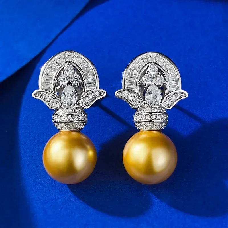 

Vintage Crown 100% Real 925 sterling silver Dangle Earring Pearl Diamond Jewelry Party Wedding Drop Earrings for Women Bridal