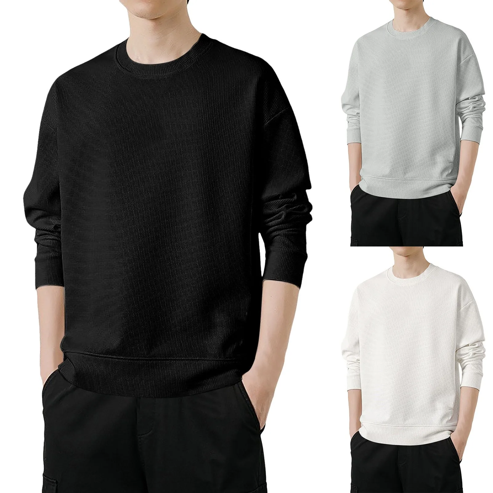 Casual Pullover Men'S Crew Neck Long Sleeve Tops Texture Knit Sweater Loose Oversized T Shirts For Men Basic Bottoming Clothes