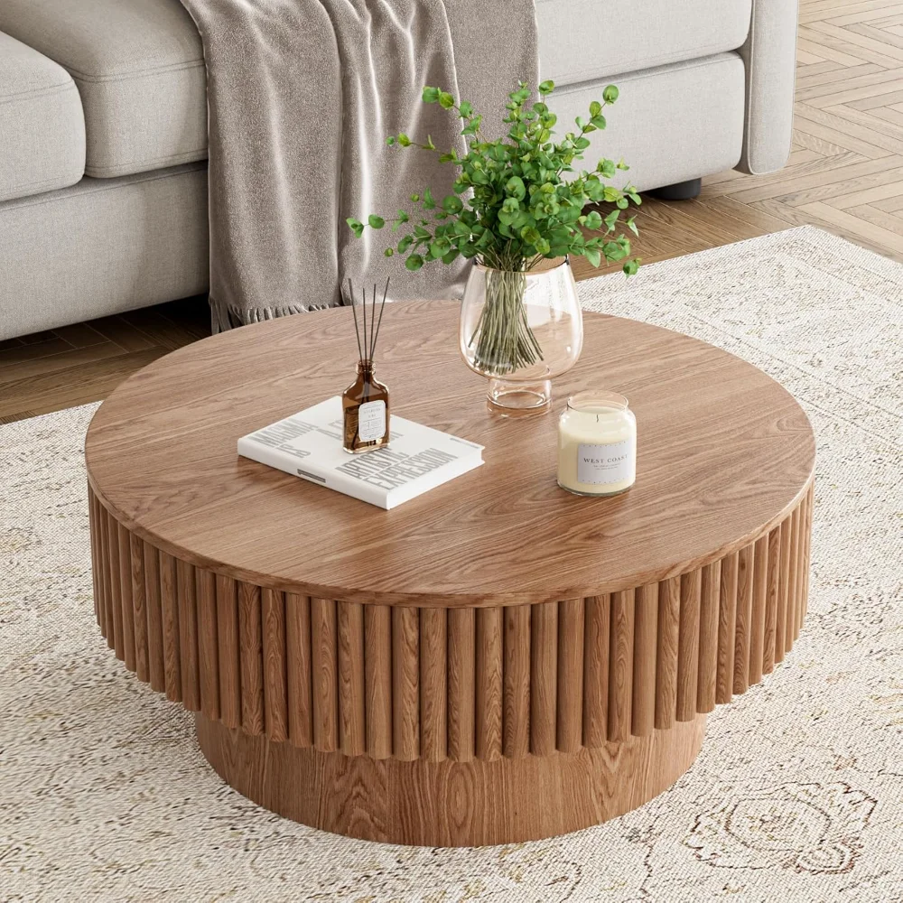 

Round Coffee Table with Storage, Wood Circle Coffee Tables for Living Room, Fluted Modern Circle Drum Center Tea Tables