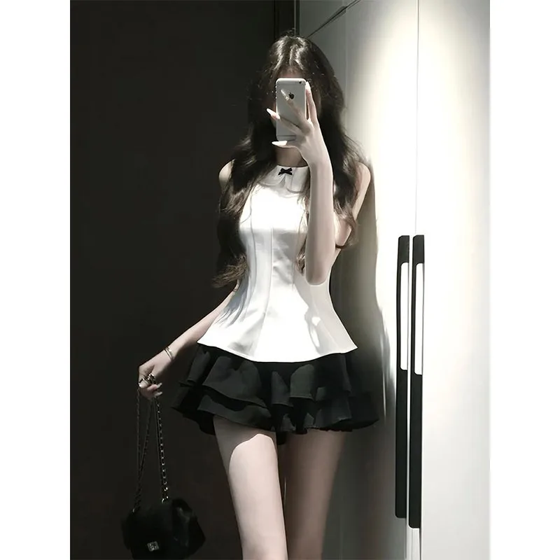 Summer Outfit Set Retro 90s Women's Black Knot Sleeveless Top High Waist Skirt Harajuku Slimming 2pcs Fashion Ensemble 니트 스커트