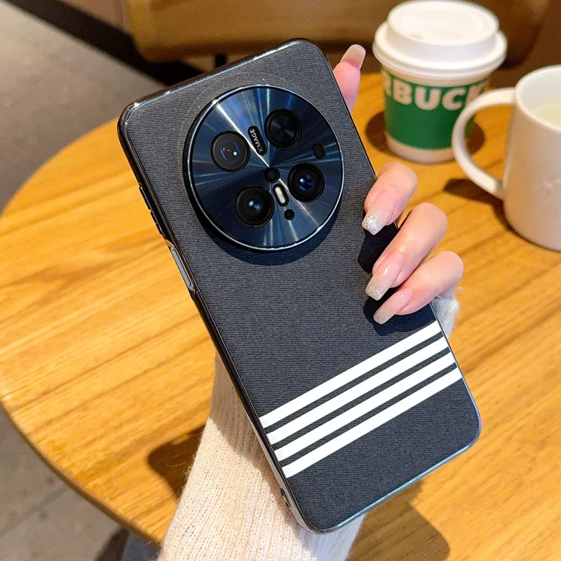 

Чехол для Huawei Mate 70 Pro Plus 60 Pro + простой четырехбарный тканевый текстурированный роскошный кожаный чехол в деловом стиле, противоударный чехол-бампер