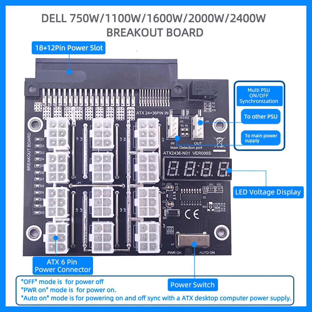 Placa de arranque para minería, módulo de fuente de alimentación de 12 puertos y 6 pines con Cable LED de 4 pines para servidor Dell PSU de 750W, 1100W, 1600W, 2000W y 2400W