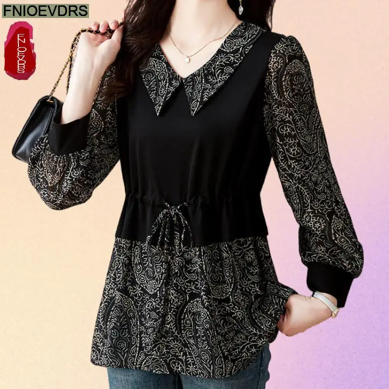 L-5XL Patchwork Drawstring Waist Tops Women Spring Basic Wear Retro Vintage French Design Shirts Peplum Tops Blouses