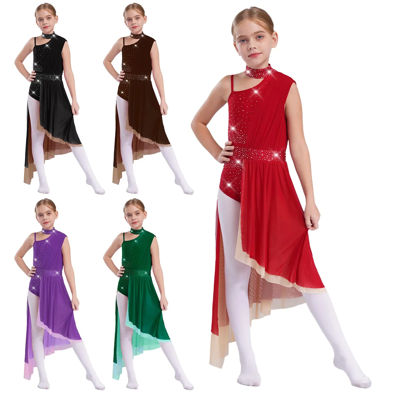 Kid Girls Modern Lyrical Dance Dress Shiny Rhinestones Sheer Mesh Leotard Ballet Gymnastic Figure Skating Contemporary Dancewear
