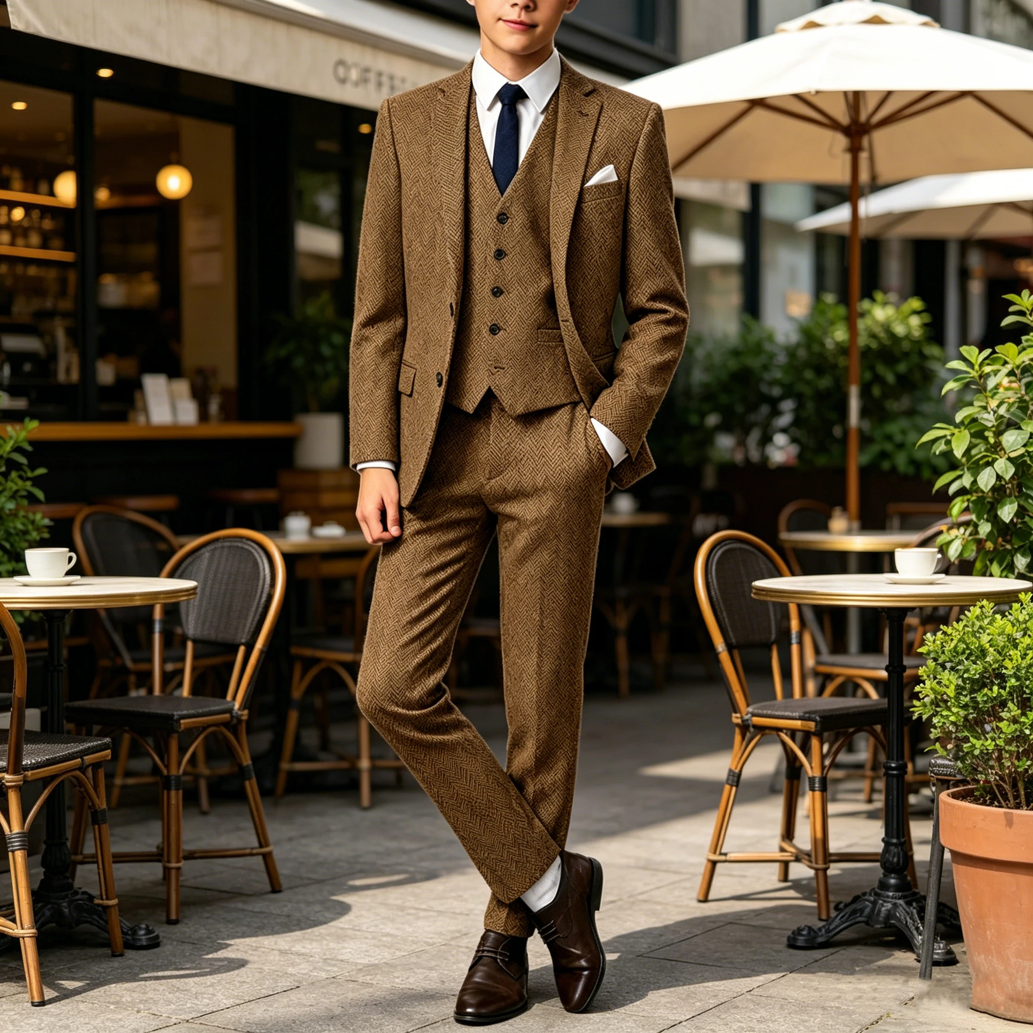 

Men's Herringbone Tweed 3 Piece Suit Formal Business Slim Fit Set Blazer Vest Pants Vintage Tuxedo for Wedding Graduation Prom