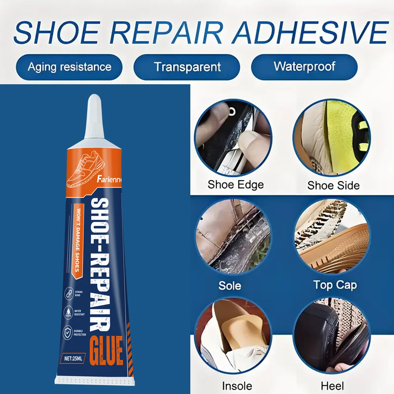 Farienne Flexible Shoe Repair Adhesive, Waterproof Glue Fix Sole Separation & Shoe Crack to Cut New Shoe Cost 25ml