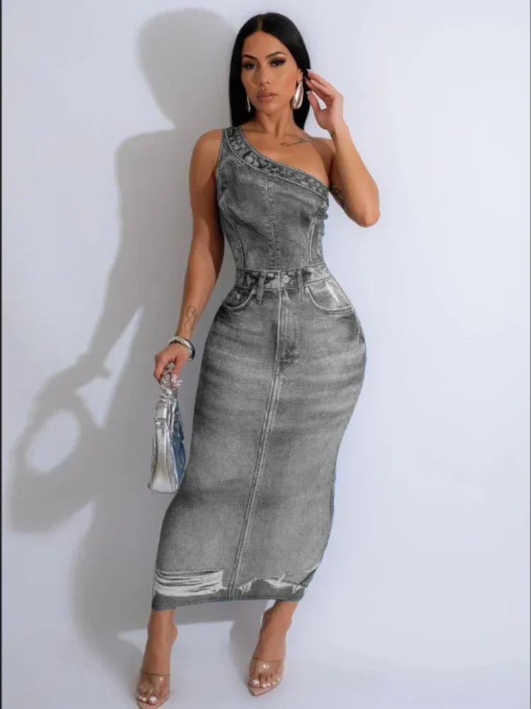 Leosoxs-Robe Longue en Jean Imprimé en 3D pour Femme, Tenue de Soirée Sexy et Mi-longue, pour Boîte de Nuit, 2024