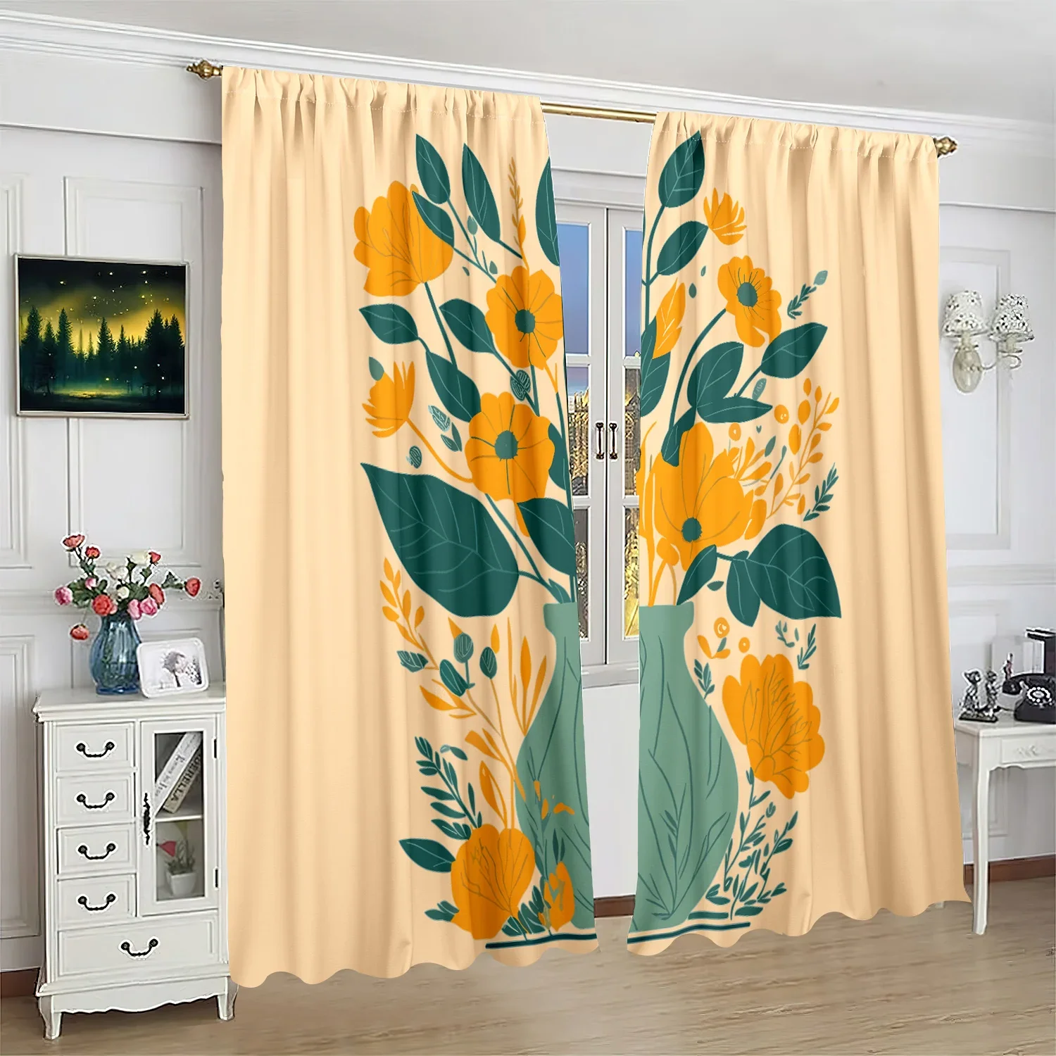 ​​Botanical Floral Print Curtains 2-Piece Polyester Set for Bedroom, Living Room & Study Decor, Elegant Blossom Window Treatment