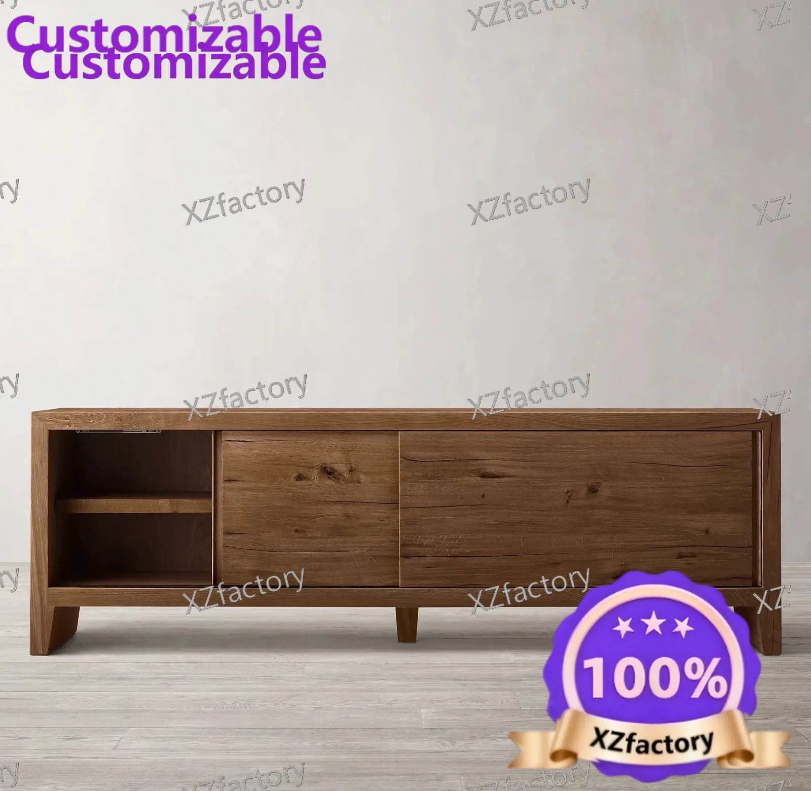 Factory Direct 2026 Top RatedSolid wood TV cabinet, villa mansion wabi sandy wind oak decorative floor cabinet customization