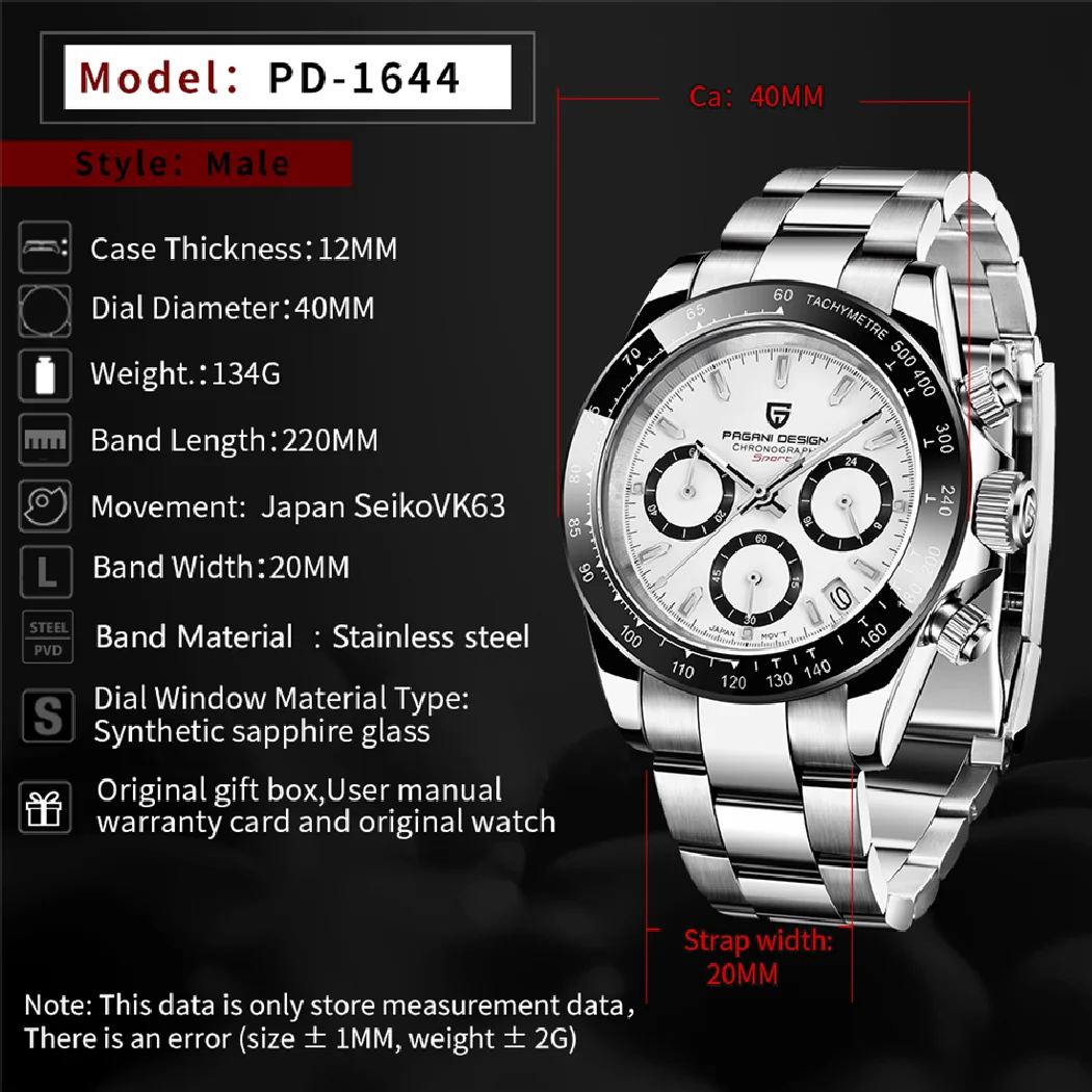 40mm PAGANI DESIGN New Men's Sports Quartz Watches Sapphire Stainless Steel Waterproof Watch Men Chronograph VK63 Reloj Hombre