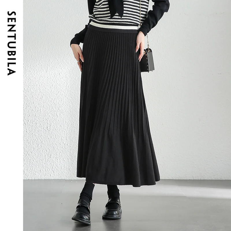 

SENTUBILA Women's Midi Skirts 2025 Autumn Winter Fashion Casual A-line Elegant Knitted High-waist Black Pleated Skirt W44Q56669