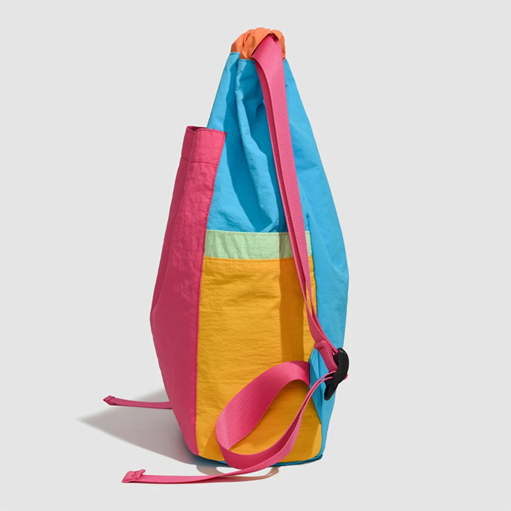 Multi-Tone Patchwork Drawstring Sports Backpack, Spacious Nylon Daypack, Durable Bag for Tennis Training, Hiking & Weekend Trip