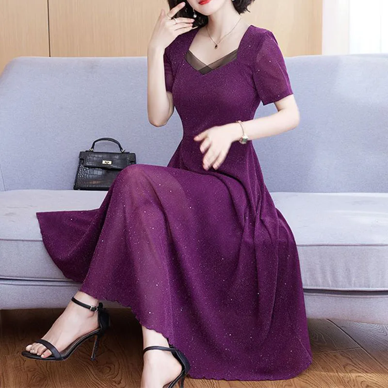 New Summer Short-sleeved Mesh Temperament Long Dress Women with Waist-hugging Long Dresses
