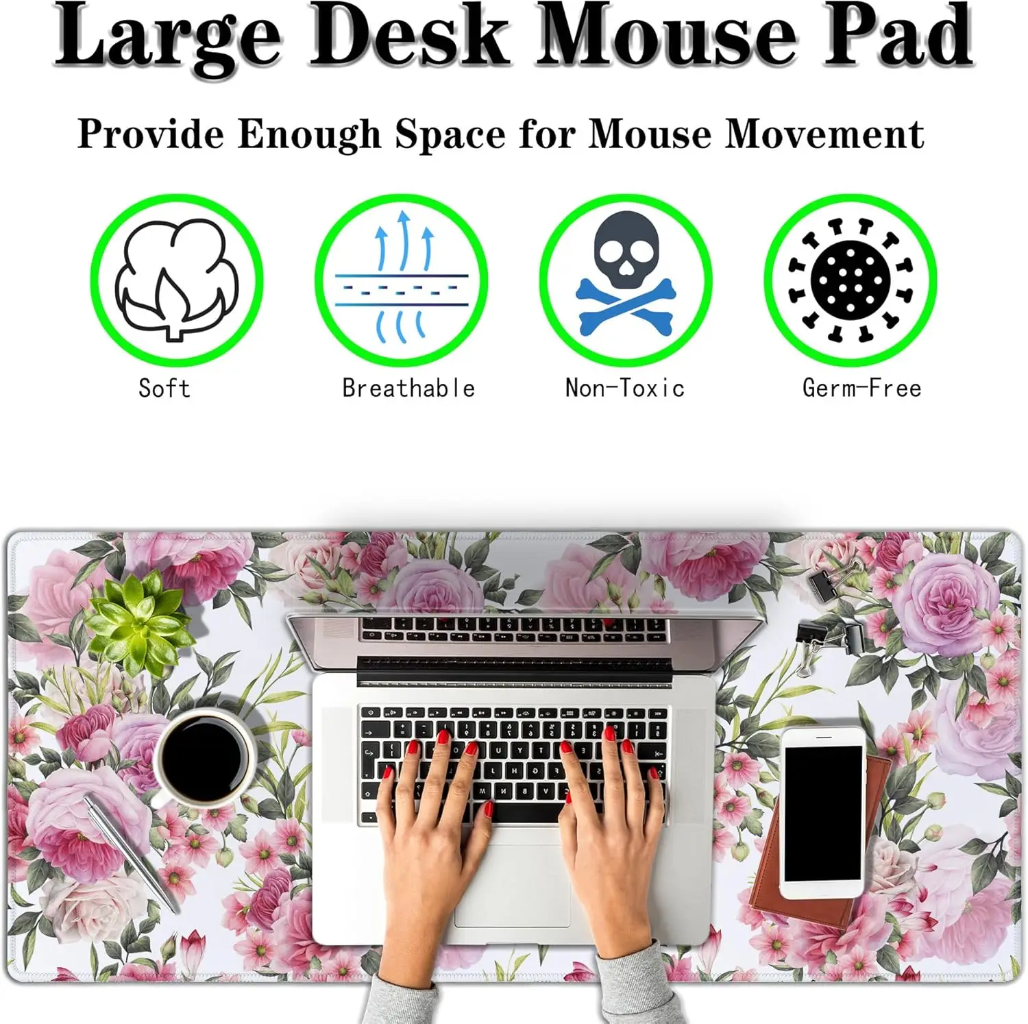 Roses Wreath Pink XXL Mouse Pad – Extra Large Desk Mat with Non-Slip Base for Gaming, Office & Keyboard Use