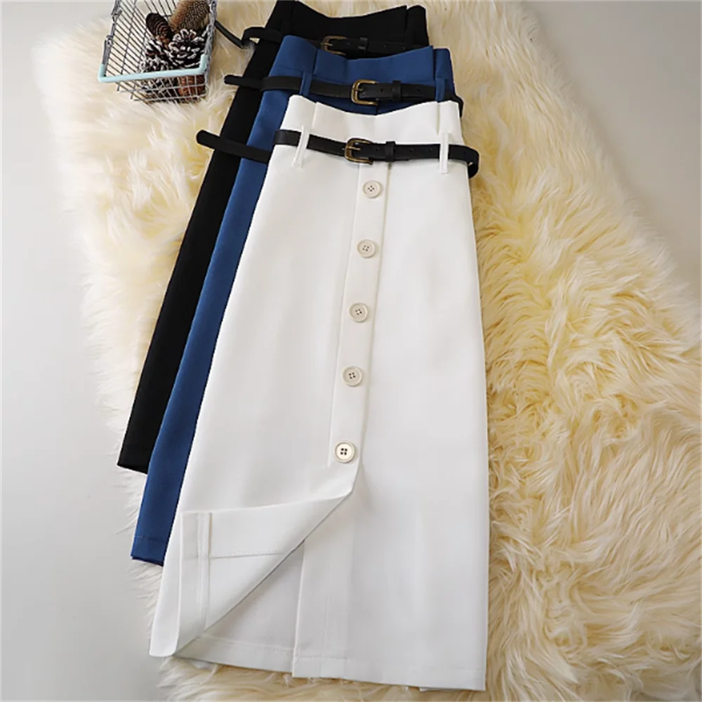 

OL Ladies skirt women's summer new single-breasted long skirt belt