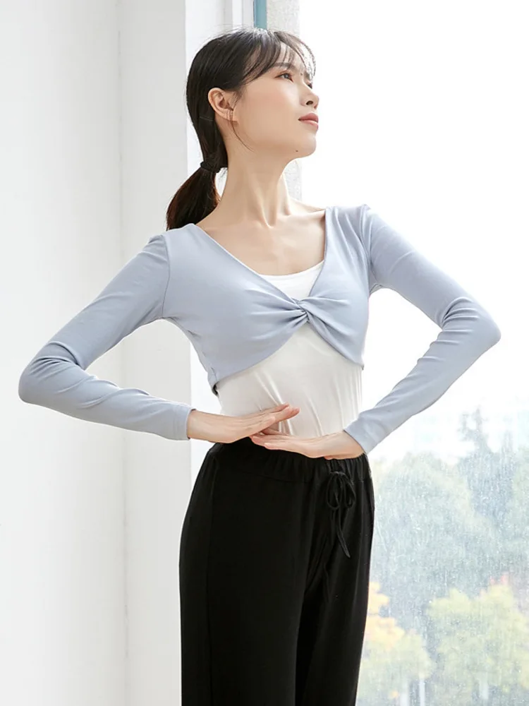 

Женская классическая танцевальная рубашка с v-образным вырезом, облегающий короткий топ, однотонная укороченная рубашка с длинными рукавами для репетиционной практики, сценического выступления