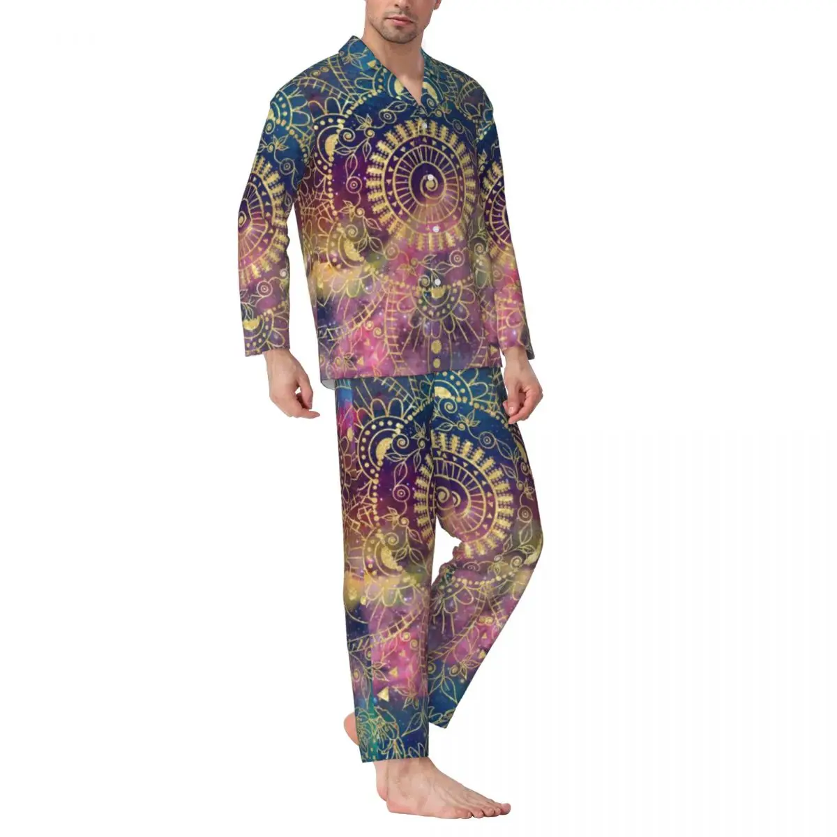 Retro Floral Print Sleepwear Spring Gold Mandala Aesthetic Oversized Pajama Sets Mens Long Sleeves Leisure Design Home Suit