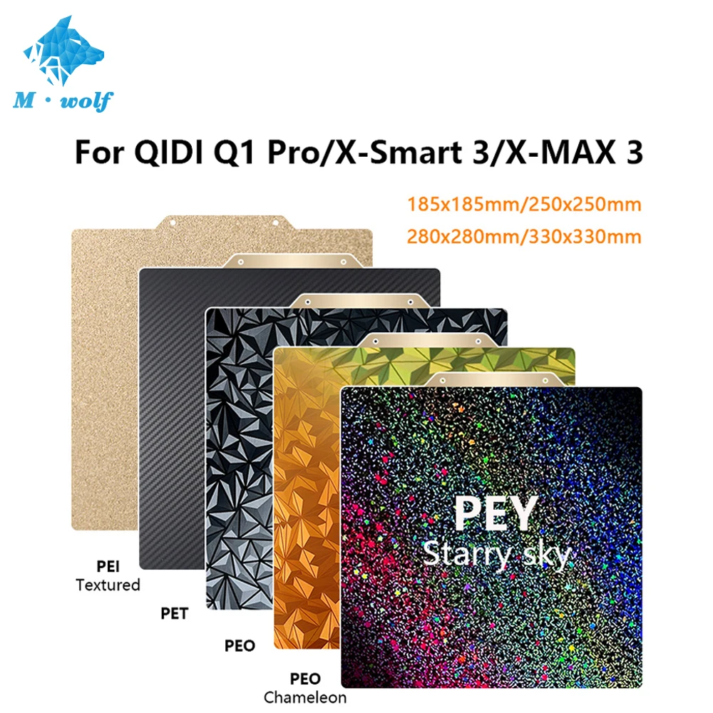 

Для QIDI Q1 Pro/X-Smart 3/X-MAX 3 PEI Встроенная пластина 185/250/280/330 мм двухсторонняя кровать PEY PEO Chameleon