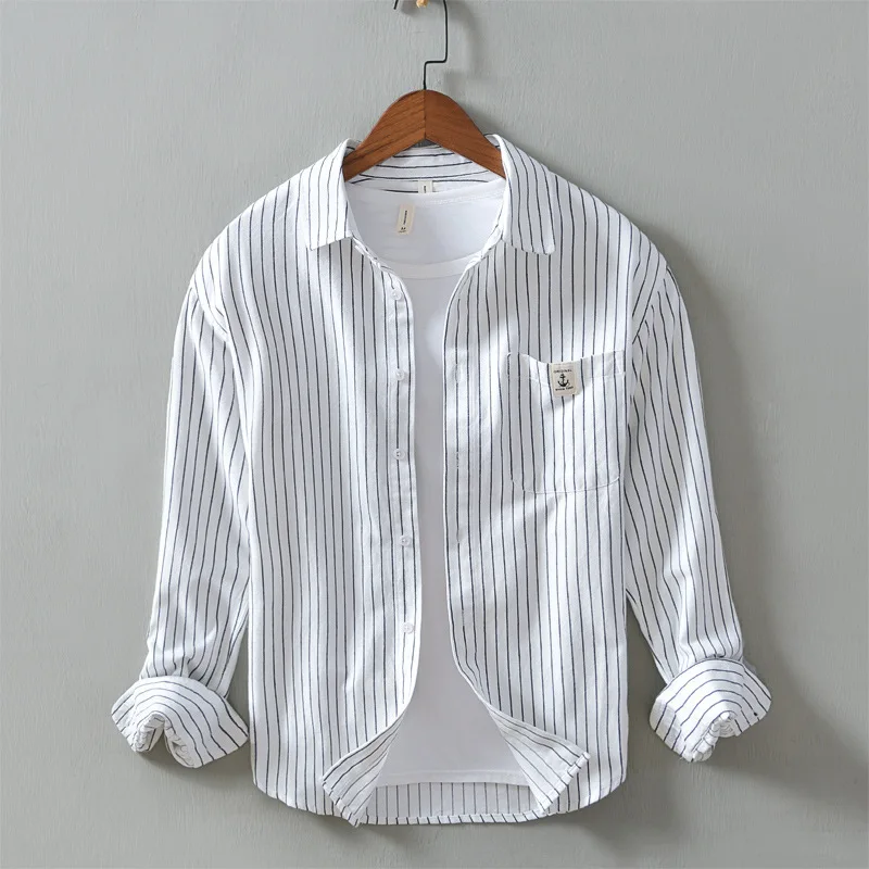 100% Cotton, Striped Loose Casual Long Sleeve Shirt for Spring and Autumn, High-quality Breathable, Moisture-wicking Men’s Shirt