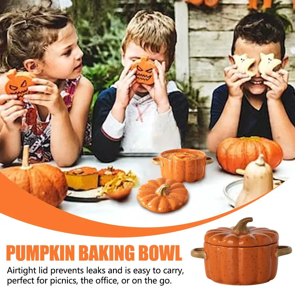 Pumpkin Bowl Set With Lid Handle Ceramic Soup Pot Creative Pumpkin Shape  Binaural Soup Bowl Household Halloween Decoration