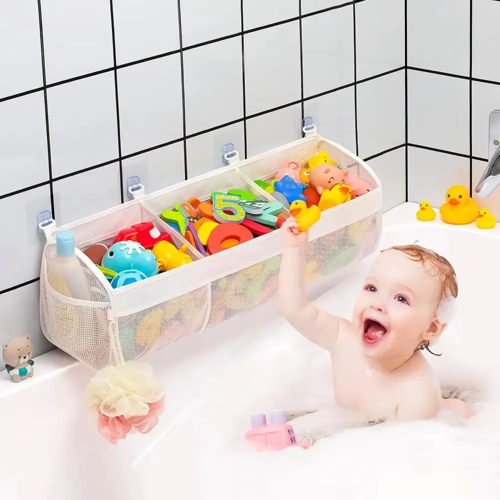 Large Openings Bathroom Storage Bag Breathable 3 Compartment Bath Organizer Easy Sorting with Sticky Hook Bath Storage Holder