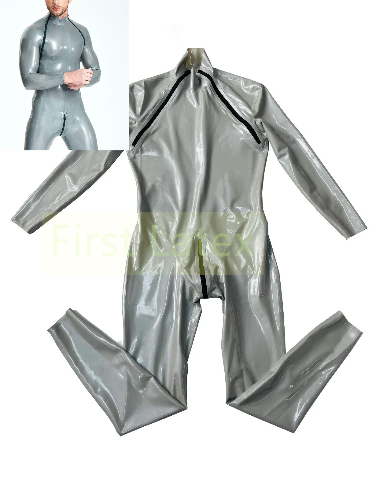 Handmade Natural latex man catsuit with wryshoulder zip latex rubber bodysuit crotch zip No socks 0.4mm custom made