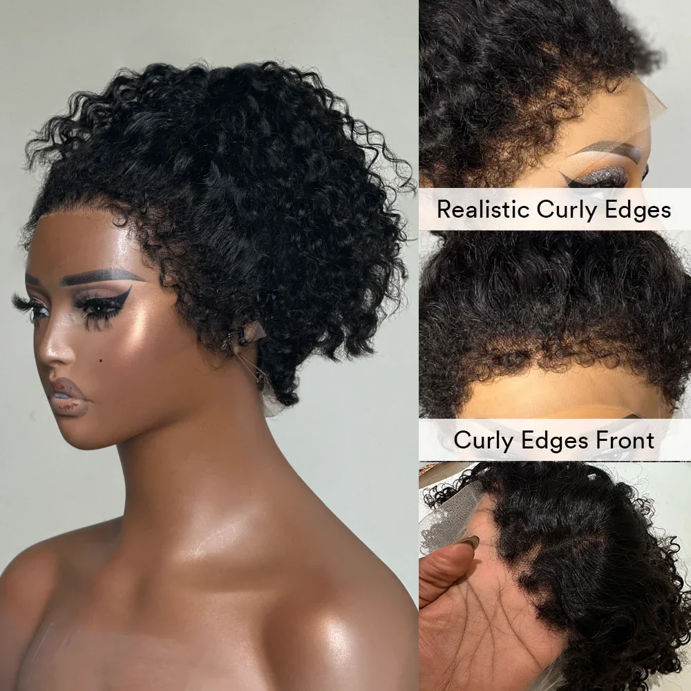 4C Kinky Edges Hairline Curly Baby Hair Short Bob Wig 220% Curly bob Wig Human Hair 13x4 Bob Lace Frontal Wig