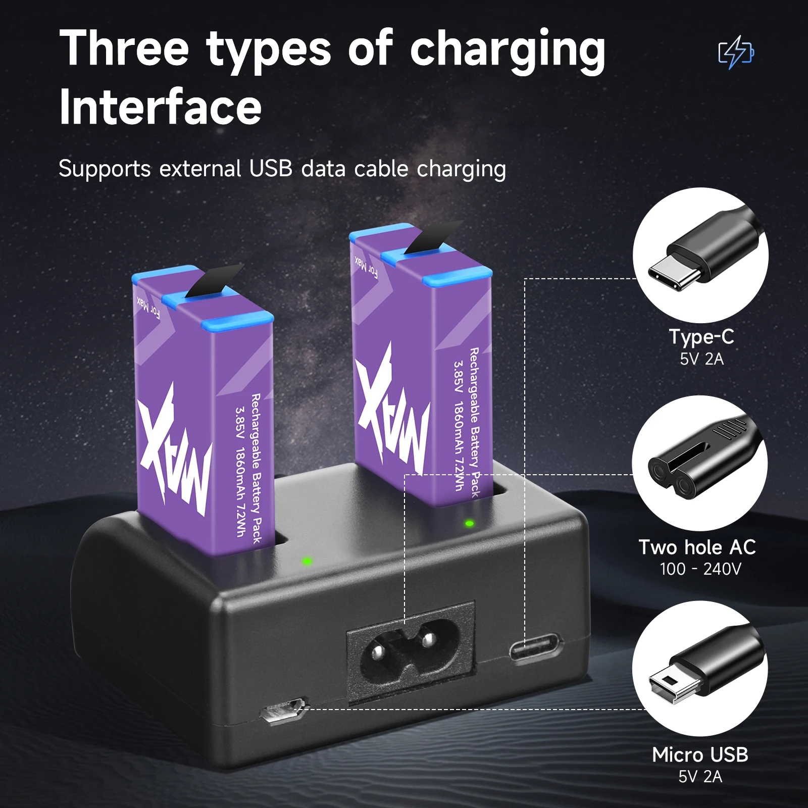 For Gopro Max Battery Dual Charger + 1860mAh Battery for GoPro Hero Max 360 Action 360 Panoramic Camera Batteries Accessories