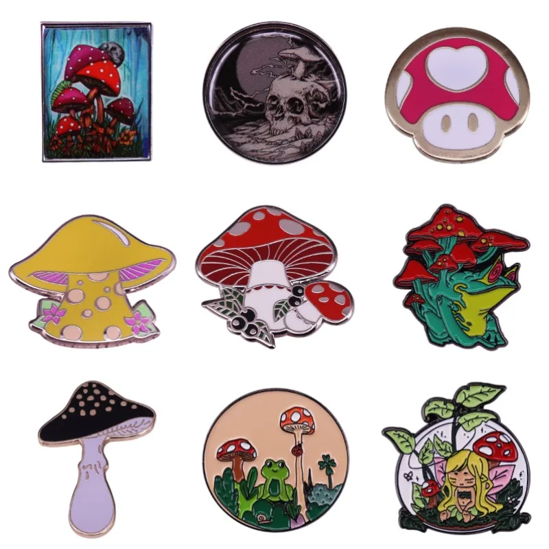 Hard Pins Cute Mushroom Enamel Pins Elf Frog Skeleton Mushroom Cartoon Plant Lapel Badges Hat Jewelry Gift For Friends Wholesale
