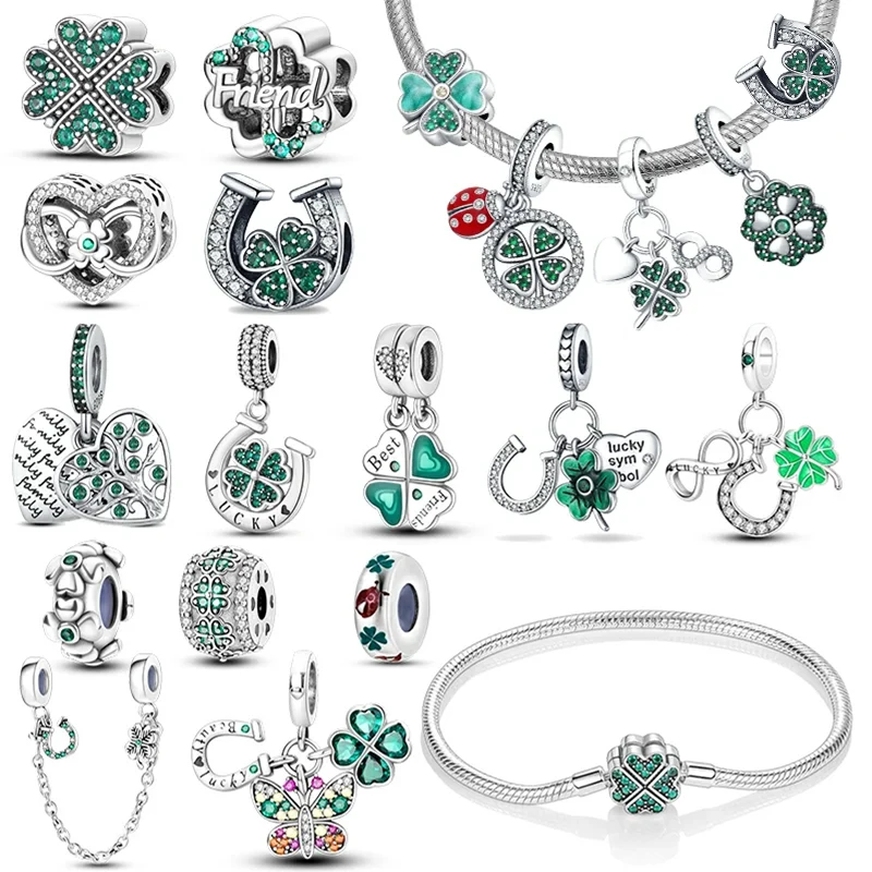 

925 Sterling Silver Green Series Four-leaved Clover Pendant Fine Beads Fit Original 925 Bracelet Charms Women Jewelry