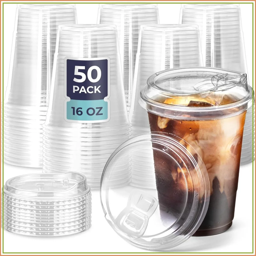 50 Pack 16 oz Clear Plastic Cups with Strawless Sip Lids, Disposable Coffee Cups for Iced Drinks