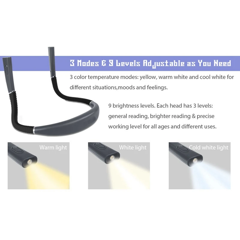 Neck Reading Light Book Light For Reading In Bed Bendable Silicone Arm LED Rechargeable Light For Camping, Repair