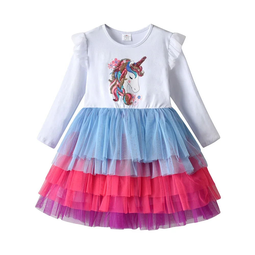 VIKITA Children Clothes Girls Unicorn Sequined Appliqued Long Sleeve Princess Elegant Dress Kids Layered Mesh Tulle Tutu Dresses