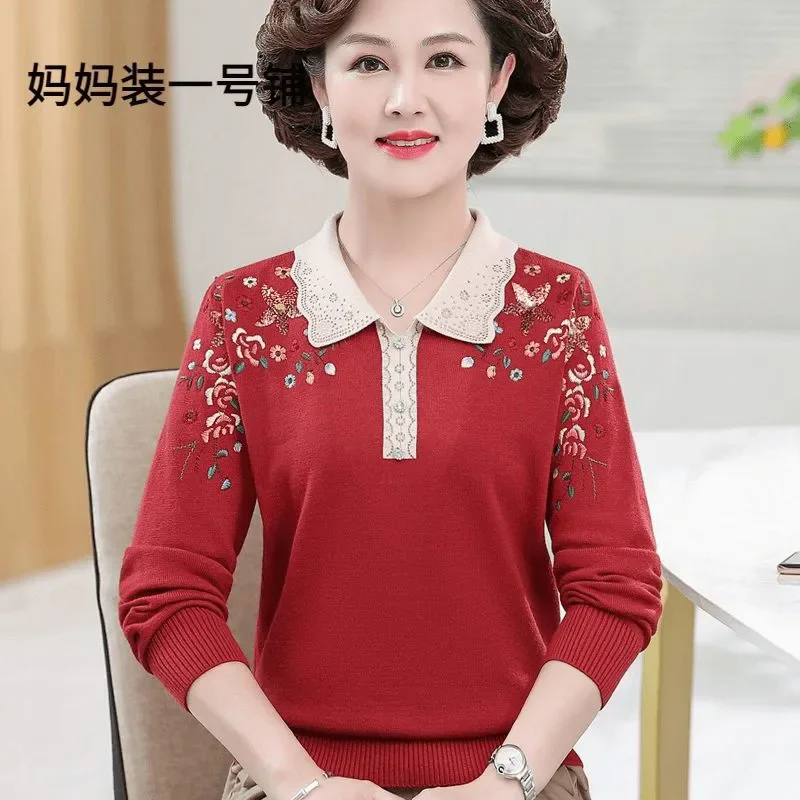중년 여성 캐시미어 스웨터 가을 겨울 긴팔 라펠 니트웨어 여성 울 풀오버 우아한 자수 니트 점퍼
