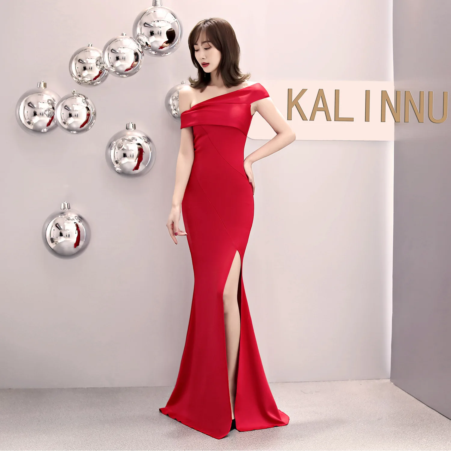 

One-word shoulder banquet evening dress long elegant sexy fishtail drag queen ballroom dress standard