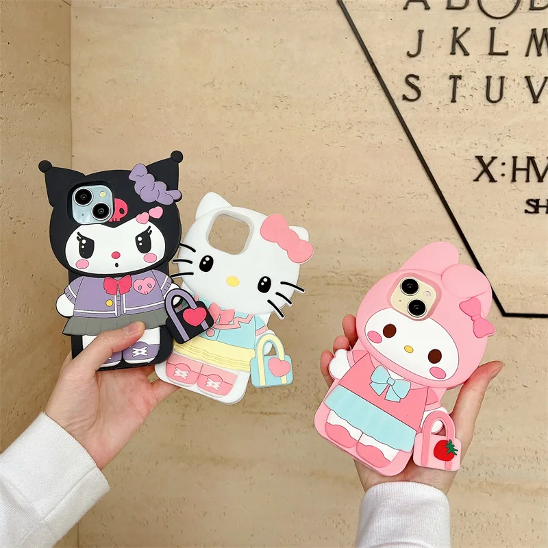 Mignon Sanrio Bow Hello Kitty Kuromi 3D coque de téléphone pour iPhone 17 16 15 14 13 12 11 Pro Max antichoc couverture en Silicone souple