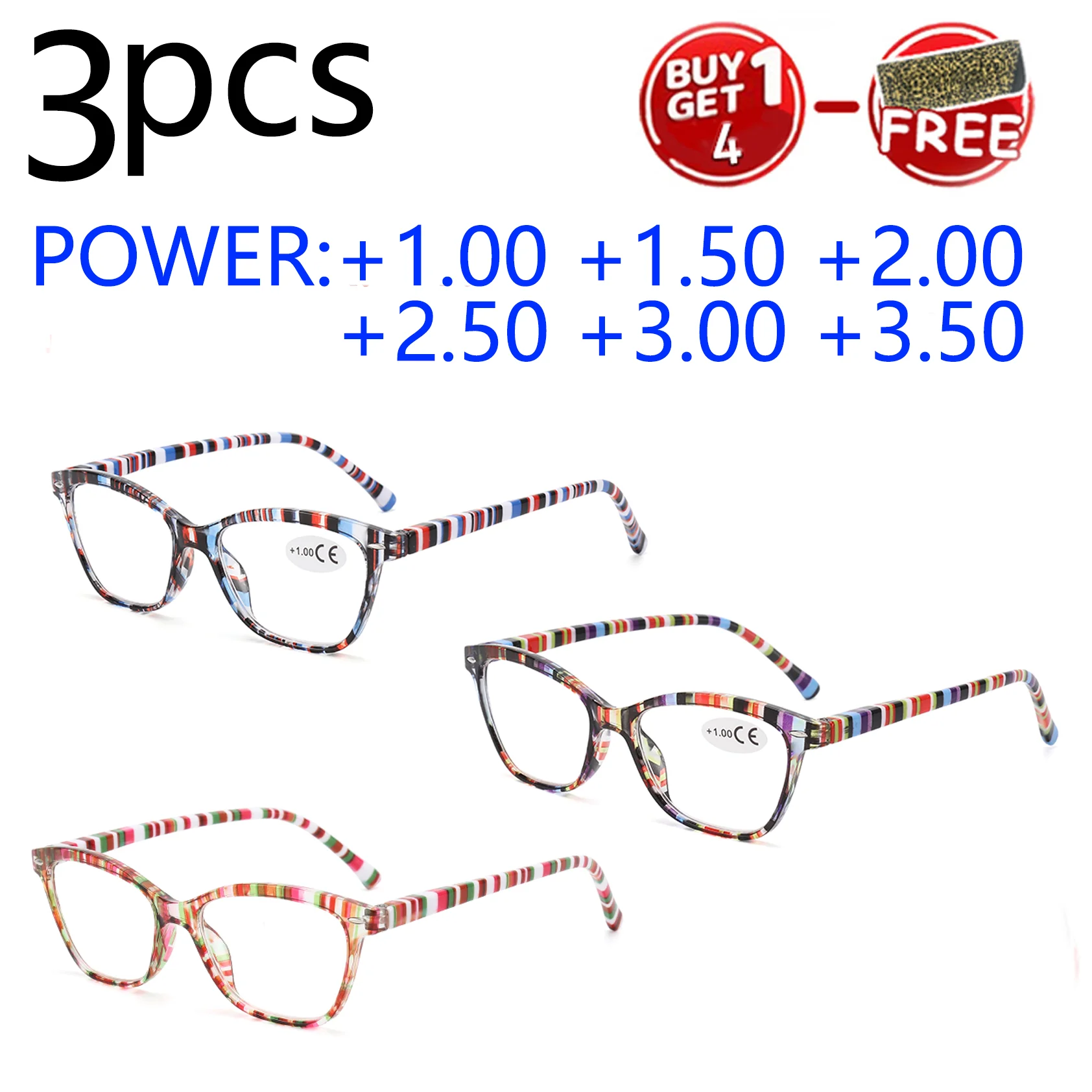 3 bunte gestreifte Cat-Eye-Lesebrille – Federscharniere für Passform und Kopfgrößen-Anpassungsfähigkeit