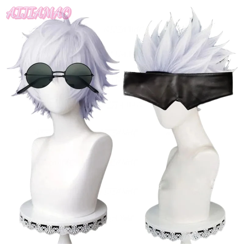 AnimeGojo Satoru Cosplay Wig Silver Short Fluffy Layered Heat Resistant Synthetic Hair Wigs + Eyepatch + Glasses