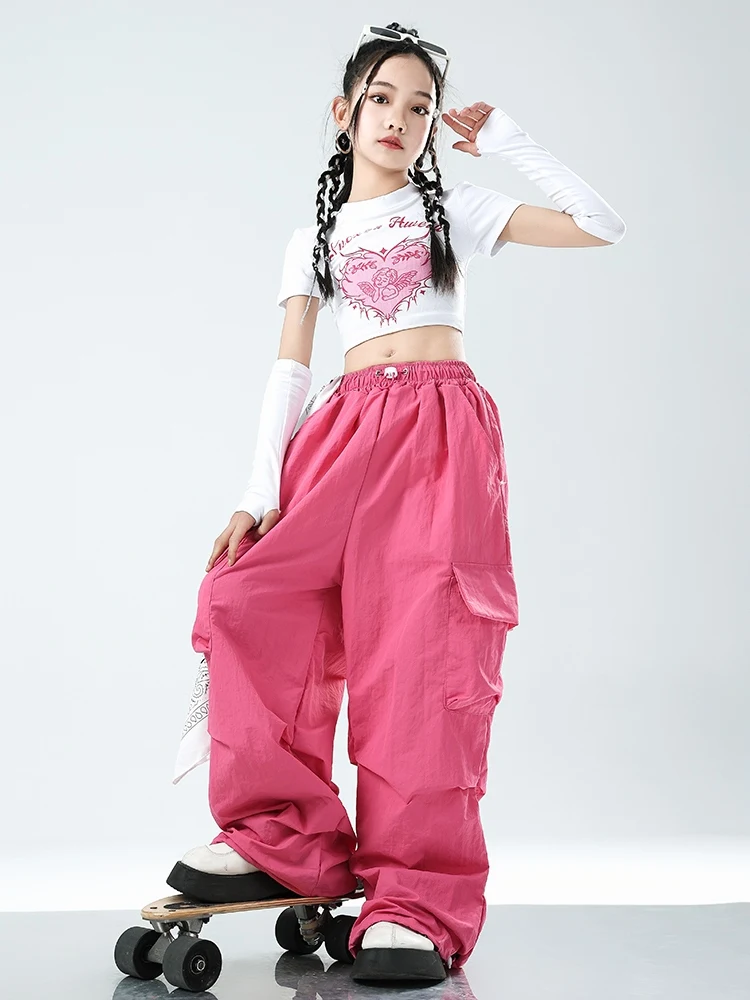 Kids Jazz Dance Kostuum Meisjes Navel Tops Roze Cargo Broek Losse Oefenkleding Hiphop Outfit Kpop Performance Wear Bl12562