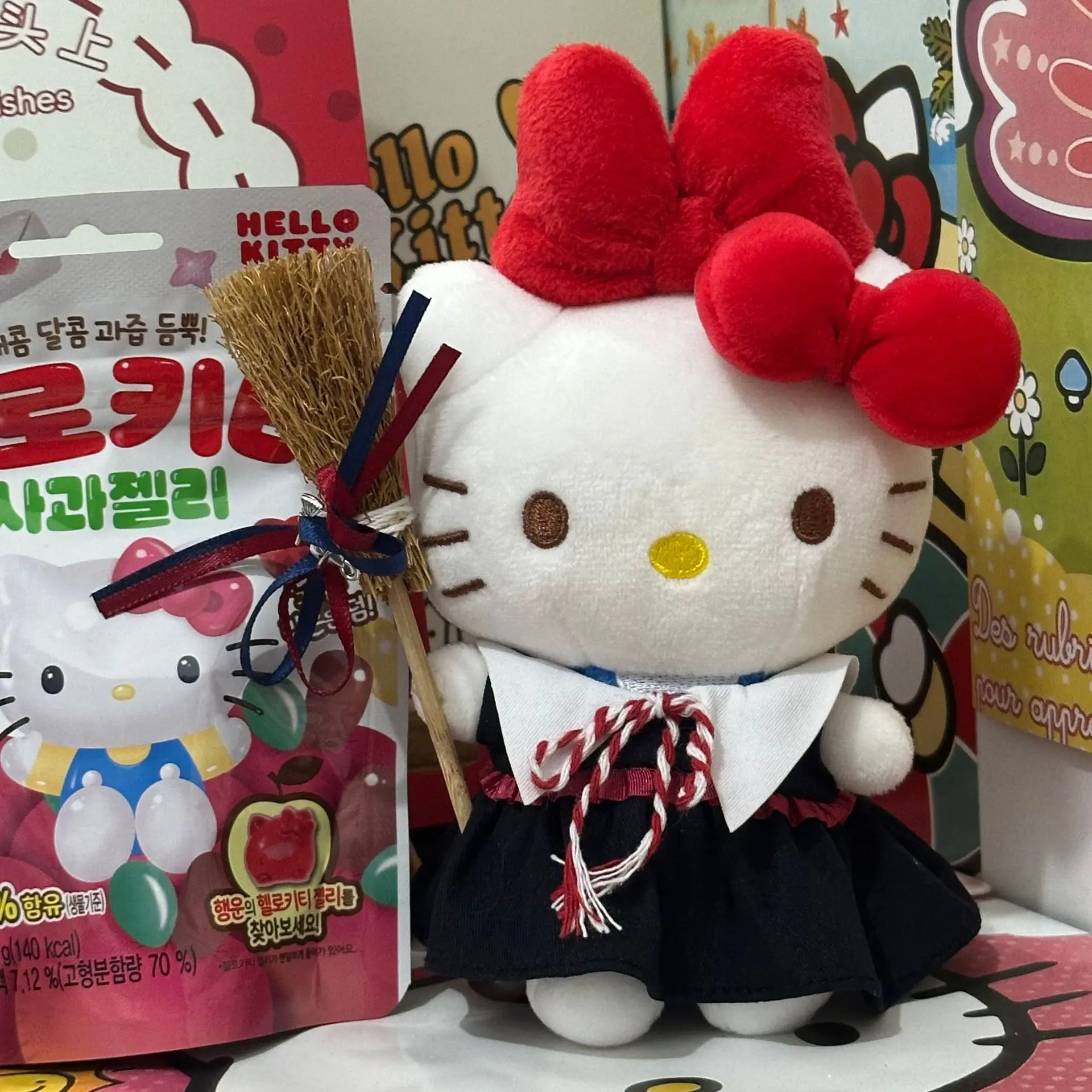 Hello Kittys Takes Broom Kawaii Plush Doll Girl Bag Pendant Cute Cartoon Bow Toy Keychain Decorate Childrens Gift