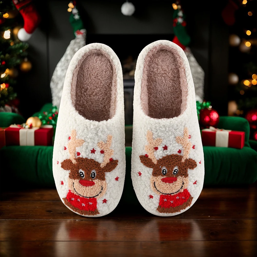 Christmas Elk Plush Slippers Anti Slip Warm Slip-on House Shoes Cute Animal Slippers Cartoon Elk Star Slippers for Autumn Winter