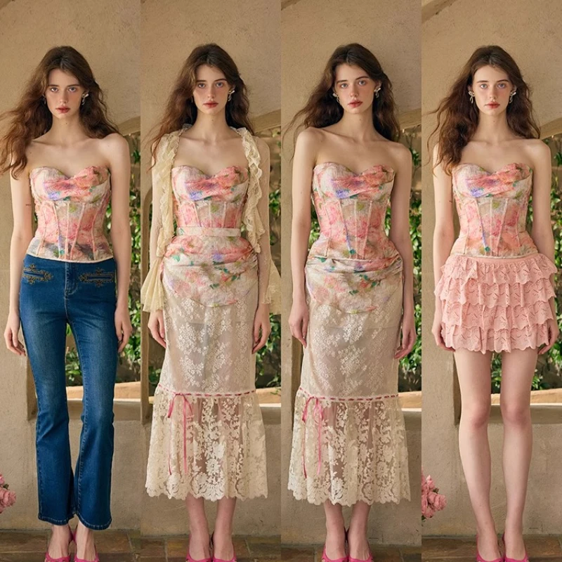 French Sweet Romantic Oil Painting Lace Fishbone Women's Tube Top Lace-up Colorful Splicing Long Skirt Sxey Skirts Suit Ladies