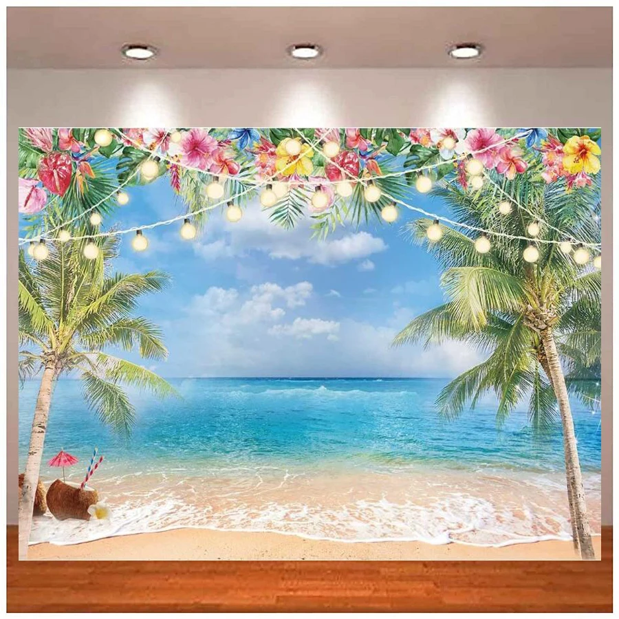 

Summer Beach Ocean Photography Backdrop Sky Seaside Tropical Palm Trees Luau Party Decor Banner Kids Baby Shower Background