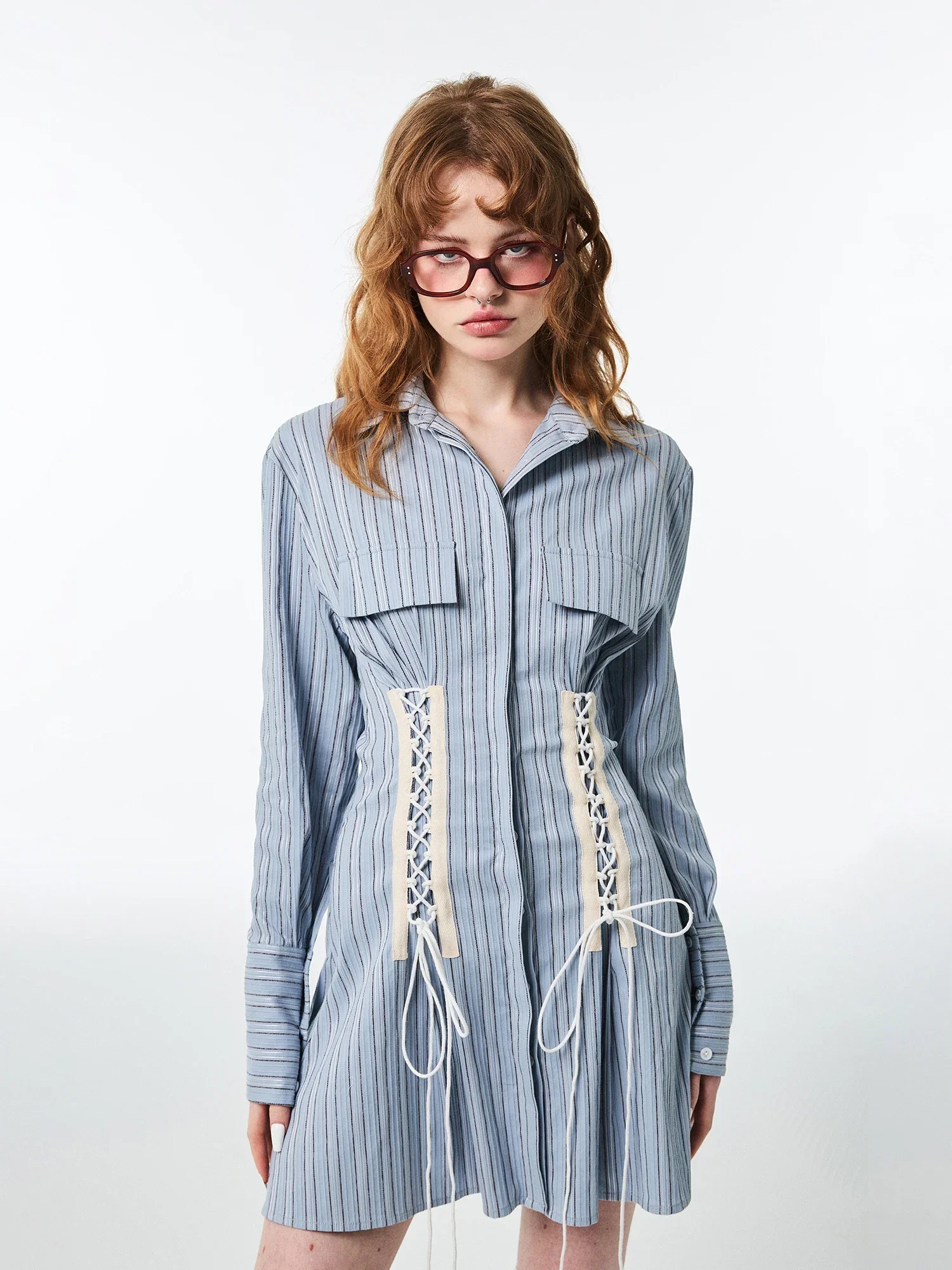 Vintage Stripe Sweet Style Drawstring Design Lapel Dress A- line Slimming Waist-Tight Sexy Dress