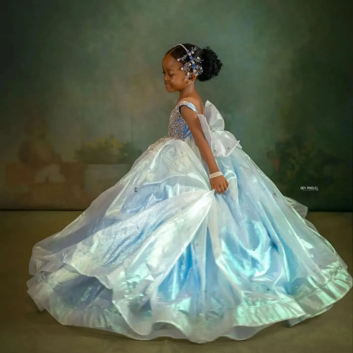 

Blue Flower Girl Dresses for Wedding Lace Appliques Sequins Girl Prom Gown for Photoshoot First Communion Gowns Customized