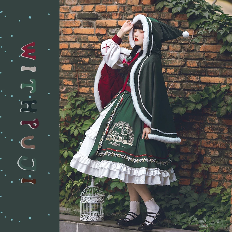 Lolita OP หวานปลอม 2 ชิ้นชุดโบว์ลูกไม้ Elk Snowmen เย็บปักถักร้อยคริสต์มาสอีฟ Kawaii ชุด Fluffy เสื้อคลุมคริสต์มาส