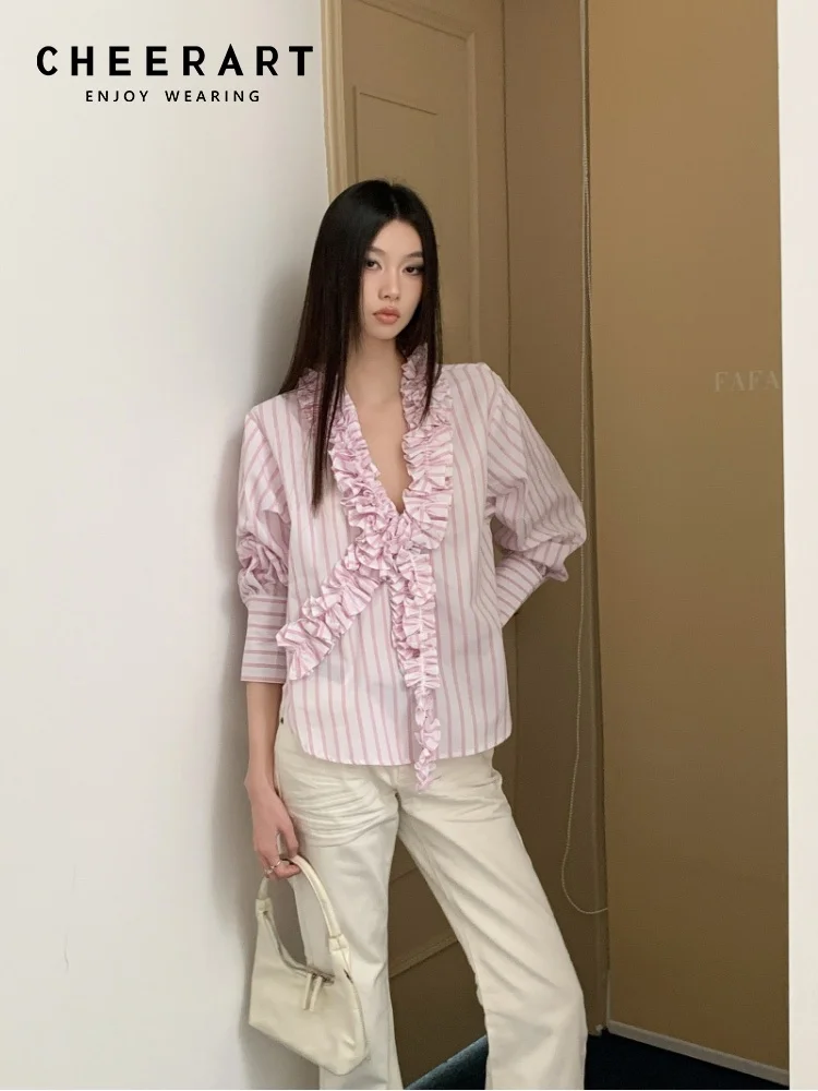 

CHEERART Stringy Selvedge Pink Striped V Neck Button Up Shirt Women Lantern Long Sleeve Top And Blouse Designer Fall Clothes