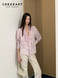 CHEERART Stringy Selvedge Pink Striped V Neck Button Up Shirt Women Lantern Long Sleeve Top And Blouse Designer Fall Clothes
