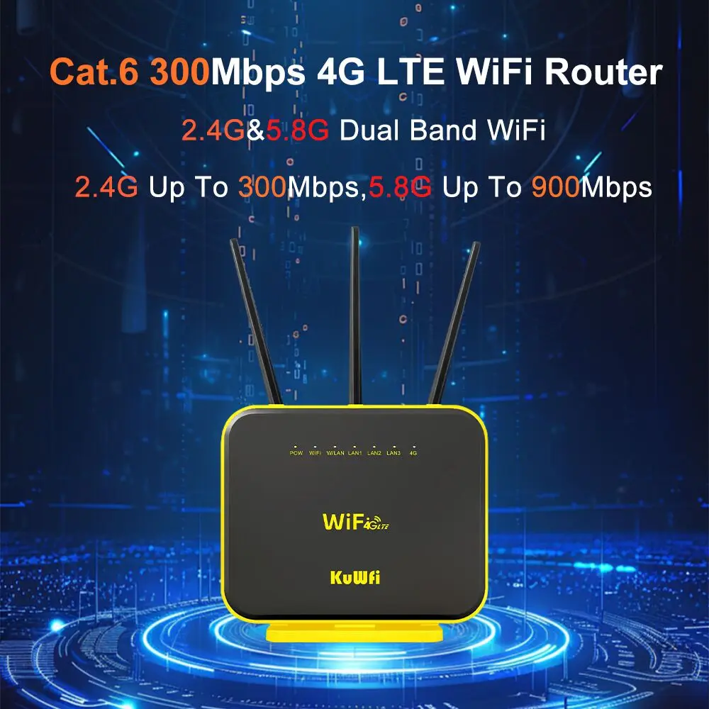KuWFi CAT6 300Mbps 4G LTE راوتر AC1200 2.4G 5 جيجا هرتز WiFi 4G + مودم جيجابت إيثرنت ميناء هوائيات قابلة للفصل AP مكرر الوضع VPN